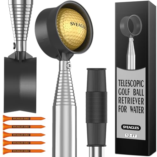 SVEAGLES Golf Ball Retriever Telescopic for Water, 12Ft/9Ft Two-Sided Golf Ball Grabber Stainless Steel Ball Retriever Tool Golf Ball Picker Golf Accessories