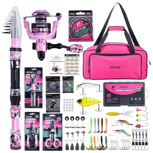 Goture Pink Fishing Rod and Reel Combo - ML Action 9FT Spinning Reel Pole with Pink Bag - Telescopic Rod Kit for Starter Travel Saltwater Freshwater, Gift for Woman
