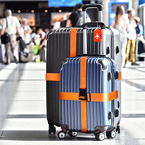 Image of Weewooday 8 Pcs Luggage Straps Suitcase Tags Set for TSA Approved, 4 Travel Adjustable Suitcase Belt, 4 Silicone Luggage Tags with Name ID Card Travel Accessories(Orange,Airplane)