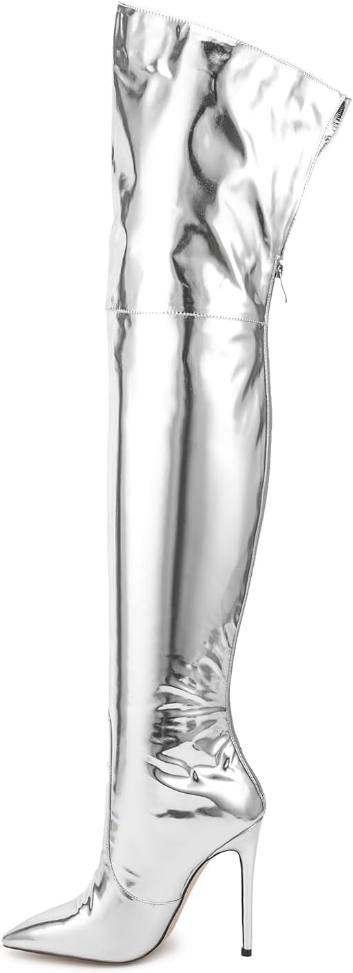 Metallic boots for women Over the knee high boots Sexy pink Burgundy thigh high boots Pointed toe Back Zipper stiletto heels green brown Black stripper high heel boots