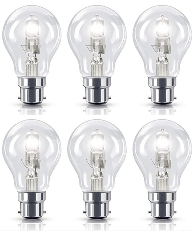6 Pack 70W=(100W Eqv) Eco Classic B22 B22D Bayonet Cap Traditional Bulbs, 100% Dimmable, 1200 Lumen, 2700K Warm White, AC 230V, A55, No Flicker, Instant On, GLS Round, for Lamps, Wall Lights, Pendants