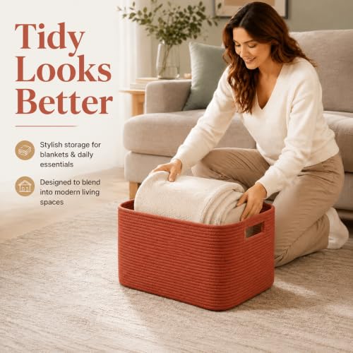 Image of 22.8GAL Extra Large Collapsible Laundry Basket for Dirty Clothes,Shoes, Sturdy Portable Aesthetic Boho Heavy Duty Wicker Hamper for Living Room Thow Pillows Blankets Storage Organizer,Terracotta
