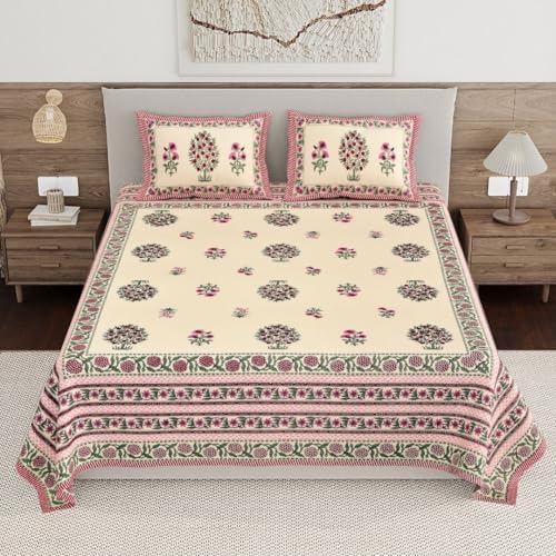 Image of Living Roots Ethnic Jaipur Block Print Double Cotton Bedsheet & 2 Pillow Covers, for Mattress Upto 6 inches Thick, No Colour Bleeding, Pink Colour, King Size 90 * 108 inches, 120TC (614-A)