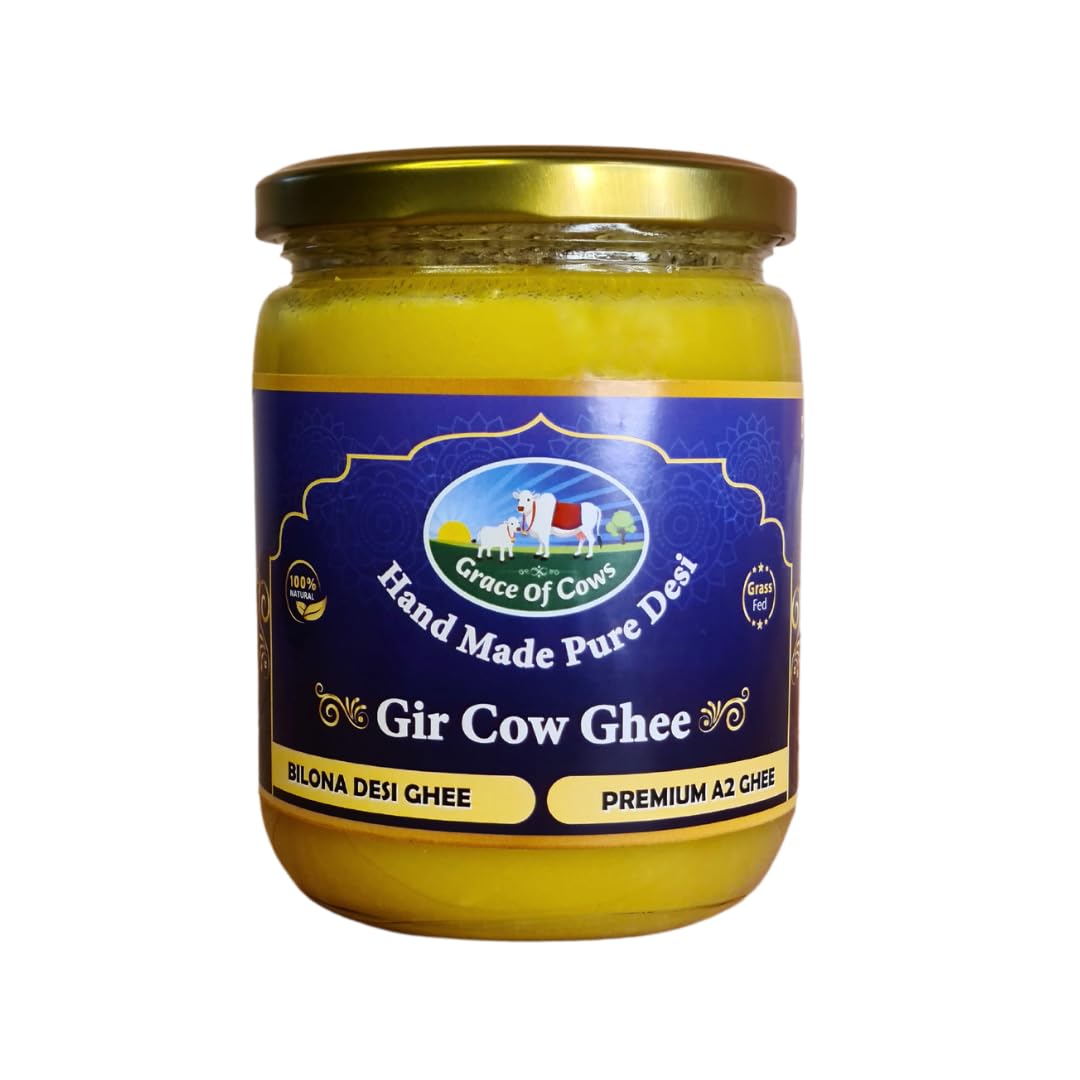 Grace of Cows A2 Gir Cow Ghee 500ml, 100% Pure and Natural, Churned from Creamy Bilona Method, Helps Boost Immunity and Digestive Health, A2 Gir Cow Ghee for Cooking and Heart Health