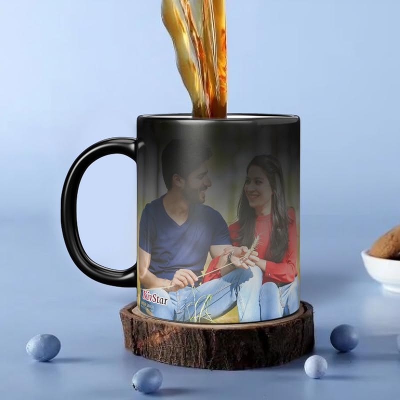 Image of KivStar Secret Reveal Personalized Photo Magic Mug - Custom Name & Quote - Black Ceramic Color Changing Mug (325ml) for Birthday, Anniversary, Valentine's Gift 02 (Combo-02)
