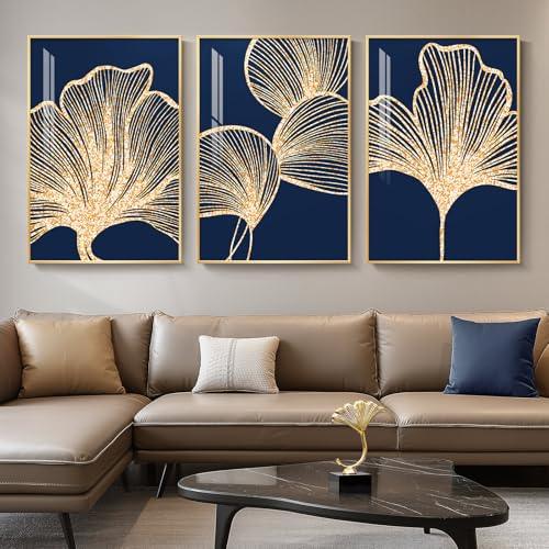Framed Modern Luxury Wall Art for Living Room, Large Navy Blue and Gold Ginkgo Leaf Artwork for Walls, 3 Piece Contemporary Bright Style Floral Prints for Bedroom Office Hallway Wall Decor, 24x36 Inch