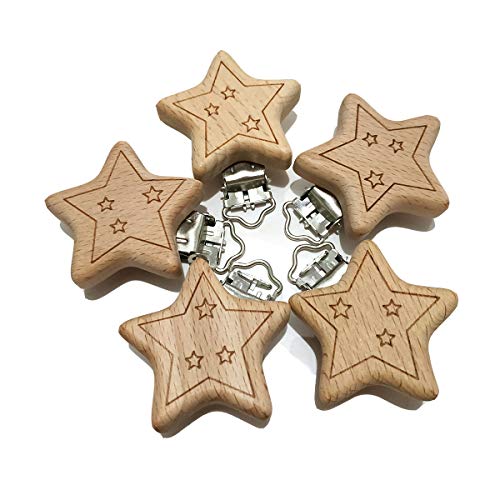 Image of 5pcs Natural Wood Suspender Pacifier Clips Cute Beech Wooden Animal Start Shape Clips DIY Beading Pacifier Chain Accessory