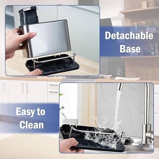 JEEJEX 3 in 1 Kitchen Sink Caddy with Soap Dispenser & Sponge Holder | Stainless Steel Sink Organizer for Kitchen Counter | Rust-Free Dishwashing Liquid Bottle Stand β Silver 1
