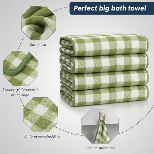 Image of Cortina Checks Printed Microfiber Towels for Bath Large Size-Super Soft Coral Fleece Bathing Towel with Hook Quick Dry Super Absorbent-Bath Towel for Men and Women-70x140 cm [Green]