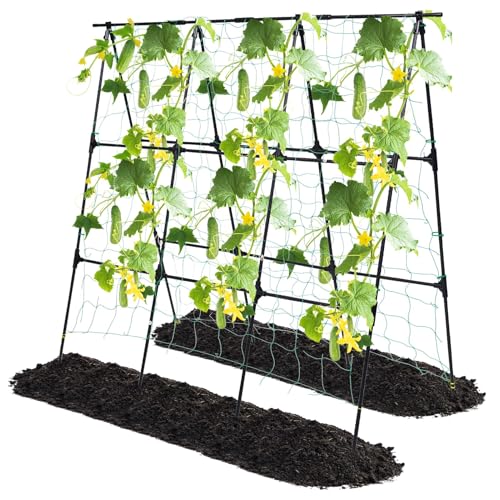 OTOSUNNY Garden Trellis for Climbing Plants Outdoor Cucumber Trellis for Raised Bed Garden A Frame Vine Plants Support for Vegetable Tomatoes Peas Pole Beans Trellis 50x48 inch with Netting Black