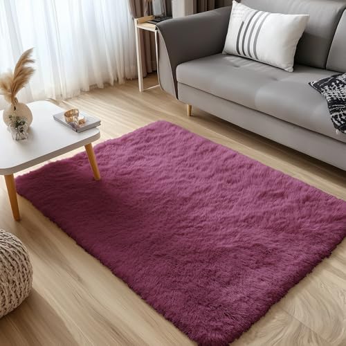 OLANLY 3x5 Machine Washable Small Bedside Rug, Soft Fluffy Shaggy Rugs for Living Room, Bedroom, Indoor Floor Carpet for Kids Girls and Boys, Preppy Dorms, Nursery, Home Decor Aesthetic, Burgundy