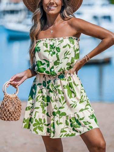 Image of CUPSHE Womens Strapless Floral Mini Dress Tiered Ruffle Tube Summer Dress | Decorative buttons Elastic tube top Elastic waist Tiered hem, Casual Beach Vacation Sun Dress