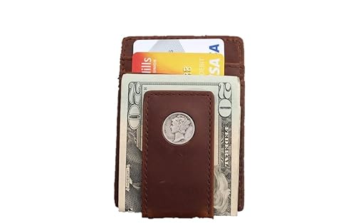 US 1937 Mercury Dime 90% Silver 10 Cent Coin Magnetic Money Clip and Wallet Combo New - Crazy Horse Water Buffalo Leather