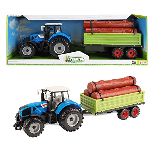 Toi-Toys Spielzeug Traktor mit Holzanh&auml;nger f&uuml;r Kinder - Kindertraktor mit Anh&auml;nger - Spielzeugauto Bauernhof - ca. 20 cm - Blau - ab 3 Jahren