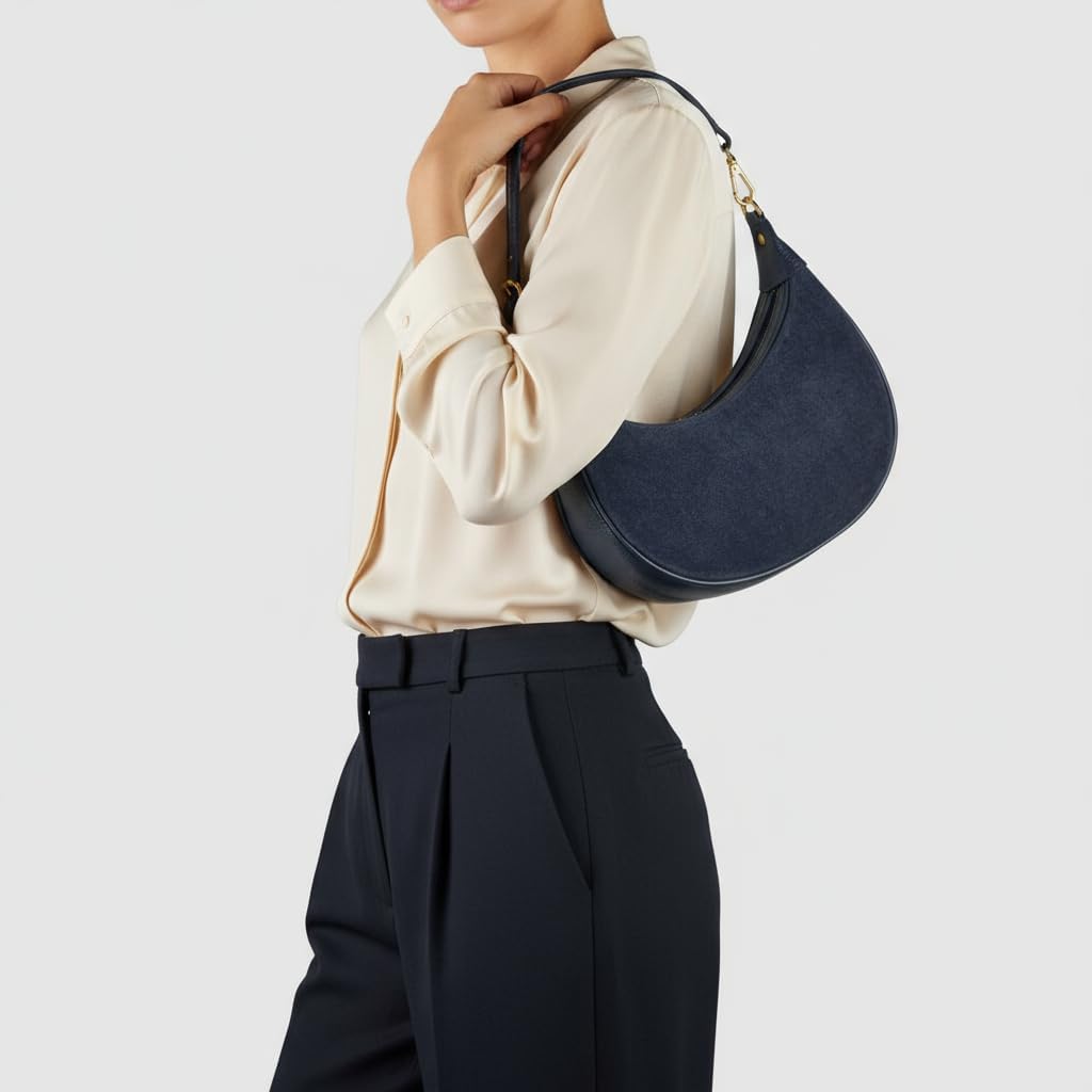 Italian Genuine Suede Shoulder Bag for Women, Crescent Saddle Style with Short & Long Straps | Mixed Leather Purse - Image 2
