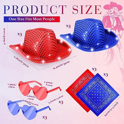 Image of Shihanee 18 Pcs Light Cowboy Hat Space Cowgirl Hat LED Flashing Hat with Heart Glasses Western Costume Paisley Bandanna