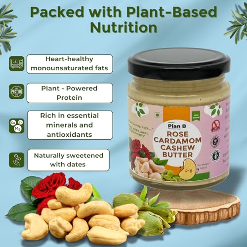 Image of Plan B Rose Cardamom Cashew Butter | 200g Jar | Rose & Cardamom Plant-Based Nut Butter | Creamy Spread | Dairy-Free | Gluten-Free