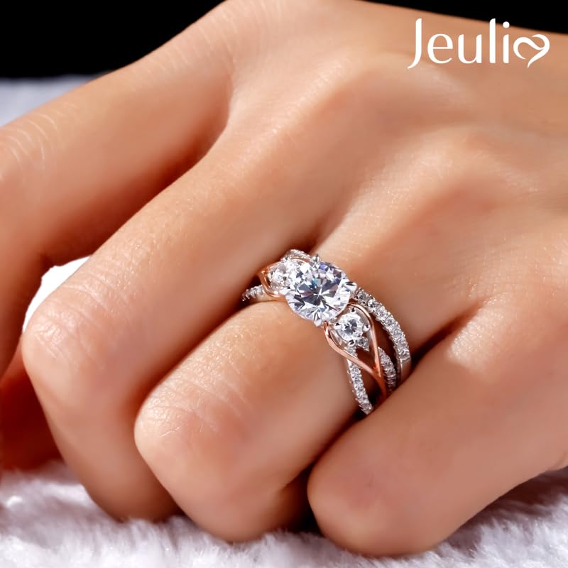 Jeulia Two Tone Rings for Women Rose Gold Three Stone Round Cut Engagement Rings Sterling Silver Halo Bridal Ring Set Anniversary Promise Wedding Ring with Jewelry Gift Box3