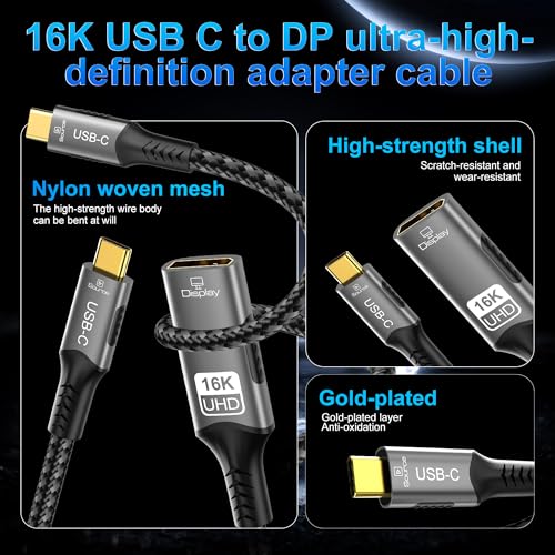 Cable de video USB-C a DisplayPort 2.1 Thunderbolt 4 con soporte 16K 60Hz y 8K 120Hz M/F 4