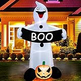 TURNMEON 8Ft Halloween Inflatable Ghosts Grim with Pumpkin Holding Boo Banner LED Light Up Air Blow Up Halloween Decoration Indoor Outdoor Home Yard Lawn Garden Party Favor Supplies