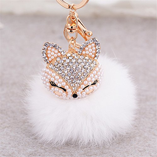 Anple Real Rabbit Fur Ball with Artificial Fox Head Inlay Pearl Rhinestone Key Chain for Womens Bag or Cellphone or Car Pendant (White3)