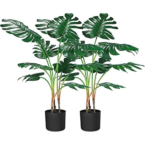 CROSOFMI Artificial Monstera Deliciosa Plant 95cm Fake Tropical Palm Tree,Perfect Faux Swiss Cheese Plants in Pot for Indoor Outdoor House Home Office Garden Modern Decoration Housewarming Gift 2 Pack Cover