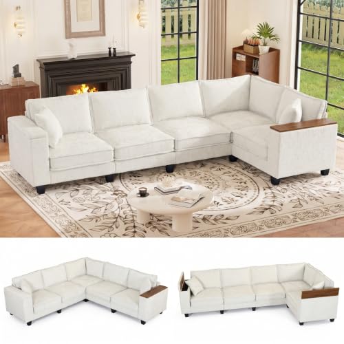 Image of 126 inch L Shaped Sectional Couch, Comfy Chenille Sectional Couch, Modular Convertible V Shaped Couch, 5 Seat Corner Sofa with 2 Pillows & Storage Armrests for Living Room, Beige