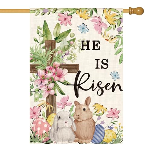 AVOIN colorlife Bunnies Cross He Is Risen Easter House Flag 28x40 Inch
