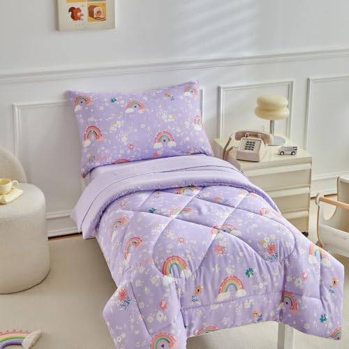 Image of DuShow Toddler Bedding Set Purple Rainbow Comforter Set for Girls Soft Cozy Bed Set
