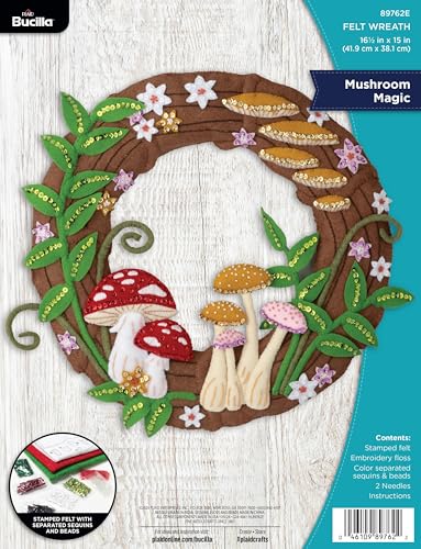 Image of Bucilla Felt Applique Wreath Making Kit, Mushroom Magic, Perfect for DIY Arts and Crafts