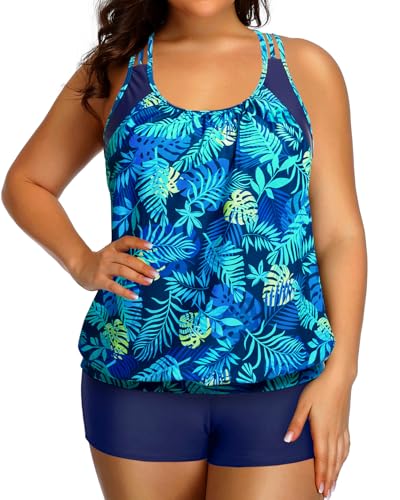 Image of Womens Plus Size Tankini Swimsuit Two Piece Tummy Control Bathing Suit | Blouson Racerback Tankini Top with Shorts, Double Up Design, Removable Pad