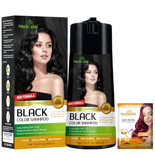 Image of Herbishh Hair Color Shampoo for Gray Hair - Enriched Formula with Keratin & Tuber Fleece Flower - Full Grey Coverage, Easy to Use, Long lasting, Instant - Black (400ml)