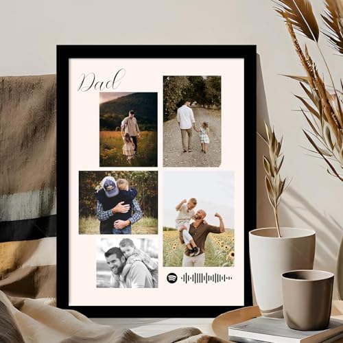 Image of Customized Fathers Day Gift for your DAD with 5 Pictures Collage print along with Spotify Song Code, Photo Frame With Photo Upload, Fathers Day Birthday, and For Parents (9.2x12.6 Inch)