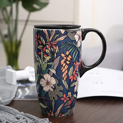 DUSVALLY Ceramic Mug Large Coffee Cup Tall Mugs Porcelain Latte Tea Cup with Lid 17oz,Blue, Medium - Image 2