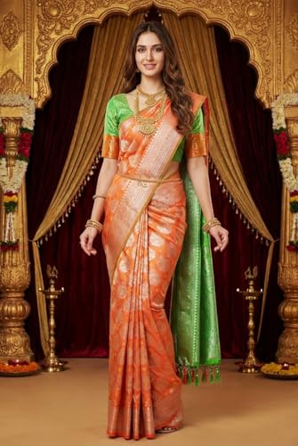 Image of VFCollections Women's Traditional Handloom Kanchipuram Silk Saree | Rich Zari Woven Design | Unstitched Blouse Piece