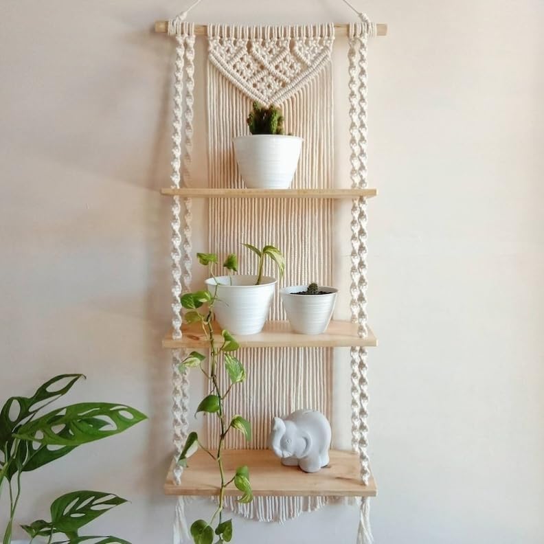 Macrame Wall Hanging Plant Shelf, 3-Tier Wooden Shelves, Decorative Woven Cotton Rope, Boho Home Decor-image-26