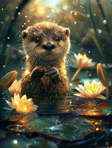 Diamond Painting Adulte Fleur de Lotus et Loutre | Kit Broderie Diamant Complet 90x120 cm DIY G0-346