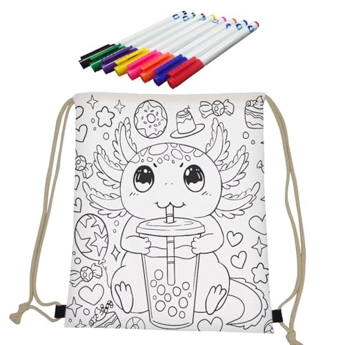 Fkwergsy Axolotl DIY Coloring Drawstring Backpack for Kids Ages 4-12, Color Your Own Soccer Drawstring Bag Crafts with 8 Pcs Markers2