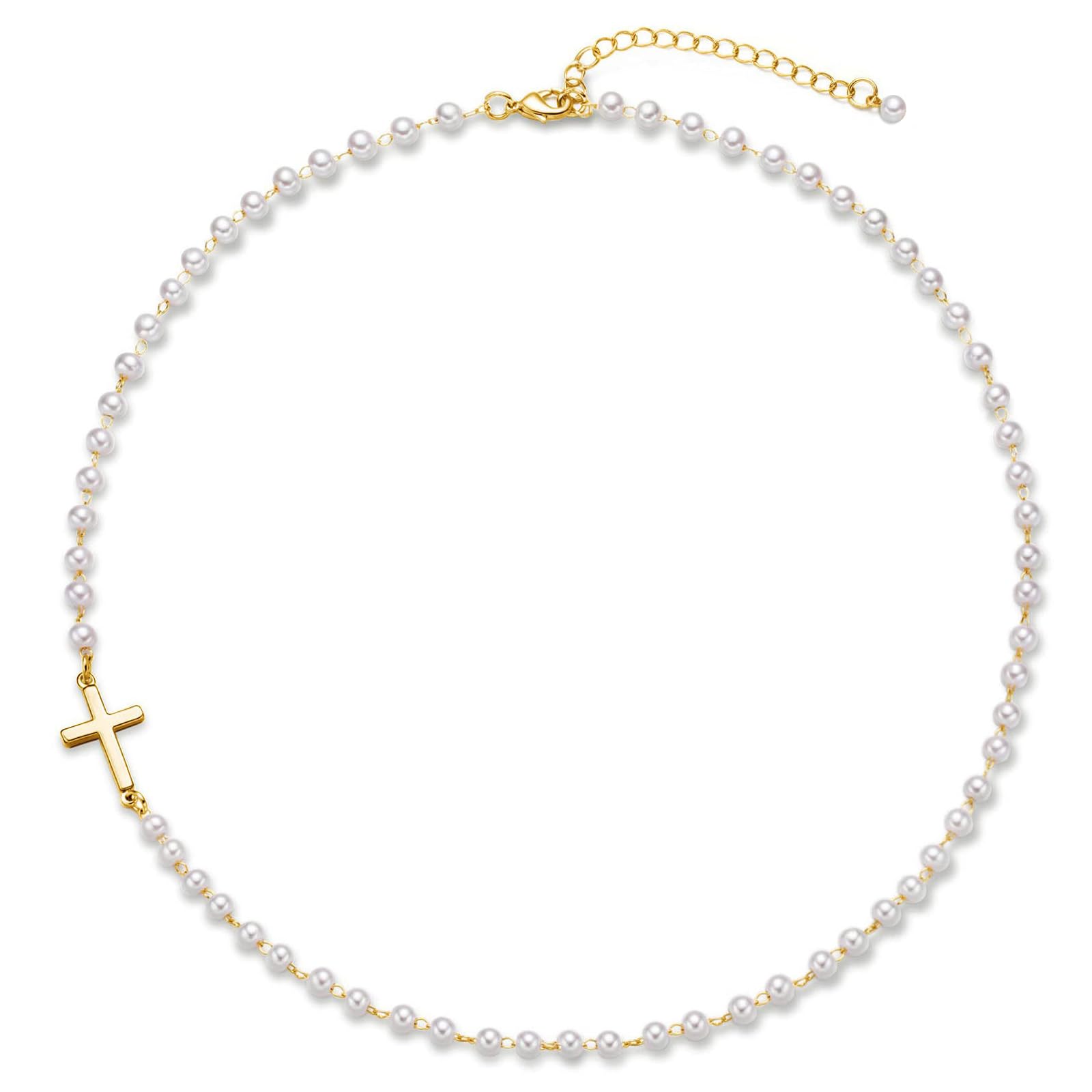 Damen Perlenkette Imitationsperle Halskette mit Kreuz 4 mm Hochzeit Brautschmuck