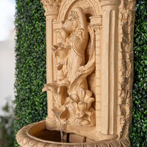 Image of XBrand 30.3 inch Tall Solar Powered Outdoor Wall Fountain with Maiden Holding Pot - Classic Waterfall Design, Weather-Resistant Polyresin, Brown for Garden & Backyard Decor