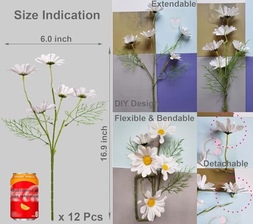 Image of EVER WIN Artificial White Flowers for Decoration Table Centerpieces - Silk Faux Flowers Daisies Colorful Flowers Bouquets with Stems for Table Centerpieces Decoration Outdoors - 12 Bundles