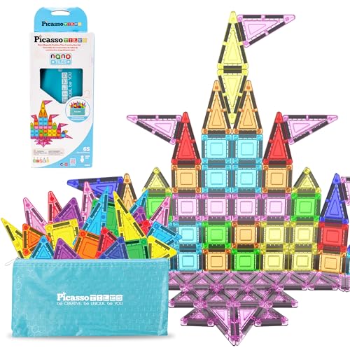 PicassoTiles 65-Piece Nano Magnetic Tiles with Storage Pouch
