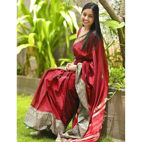 Image of Narayanpet Pure Cotton Avani Border Saree for Women with Running Blouse | Tassels | Traditional Woven Solid Design | Handloom Weave
