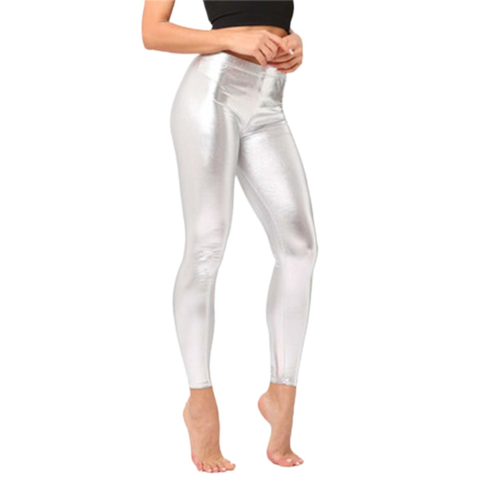 Ladies 80s Retro Metallic Shiny Wet Look Leggings Adult Disco Fancy Dress Costume Womens Outfit Pants Silver — image 1