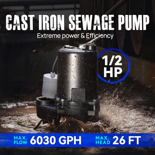 Image of Aquastrong 1 /2 HP Sewage Pump, 6030 GPH Sewage Pump 2 inch Discharge, Cast Iron Sump Pump Submersible with Auto Float Switch for Pool Pumps with Filter Basket, Deep Gray