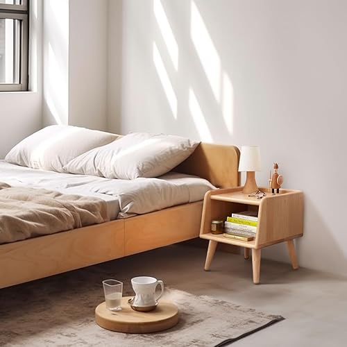 Miniatura 5 de Bamskov Mesita de noche de madera maciza 100% natural con almacenamiento abierto, elegante mesita de noche moderna de mediados de siglo para