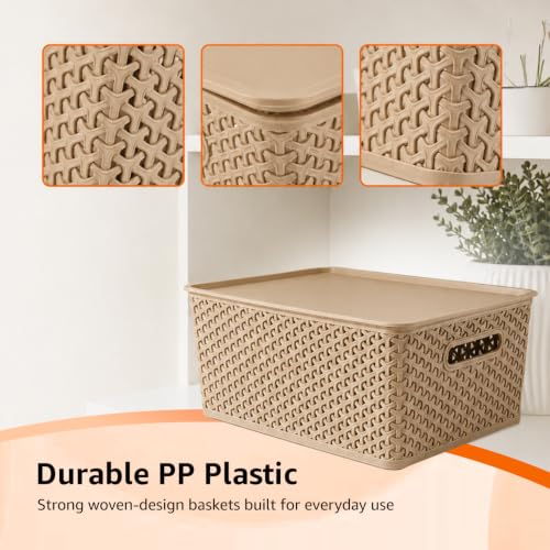 Image of Amazon Basics Set of 3 Plastic Storage Baskets with Lid - Stackable Organiser for Wardrobe, Kitchen, Clothes, Toys, Books, Office, Stationery - Multipurpose (Medium, 36x30x13 cm | Biscuit, Rectangular