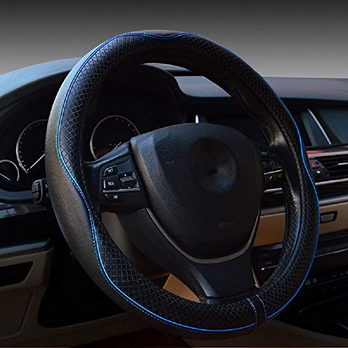 Image of Valleycomfy Steering Wheel Covers Universal 15 inch - Genuine Leather, Breathable, Anti Slip & Odor Free (Black with Blue Lines, M(14 inch 1 /2-15 inch 1 /4))