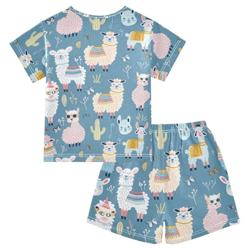 ALAZA Alpaca Llama Blue Cactus Pajamas Short Sleeve 2 Piece Sleepwear Top and Bottom Pajama Set Unisex2
