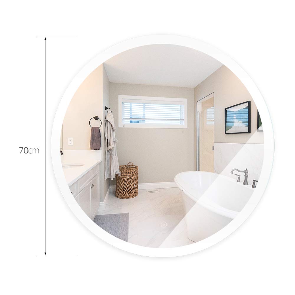 MAYMA 70 * 70cm Espejo Redondo De Baño con Iluminación LED Espejo Cosméticos De Pared Iluminación Iluminación Iluminación con Control De Pulverización,Espejo LED,Antiempañado(Blanco cálido)